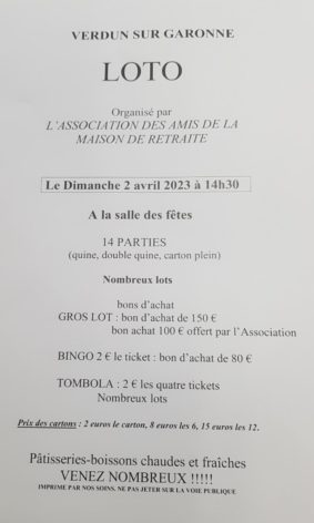 GRAND LOTO Association Les AMIS de la MAISON de RETRAITE #Verdun-sur-Garonne